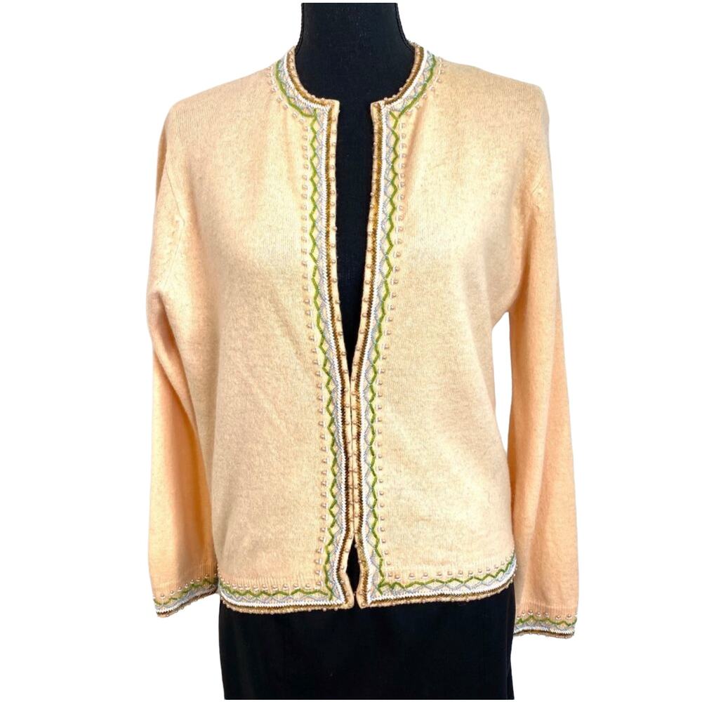 Vintage 60's Down Town Beaded Pearl Wool Peach Lined Cardigan Sz 40